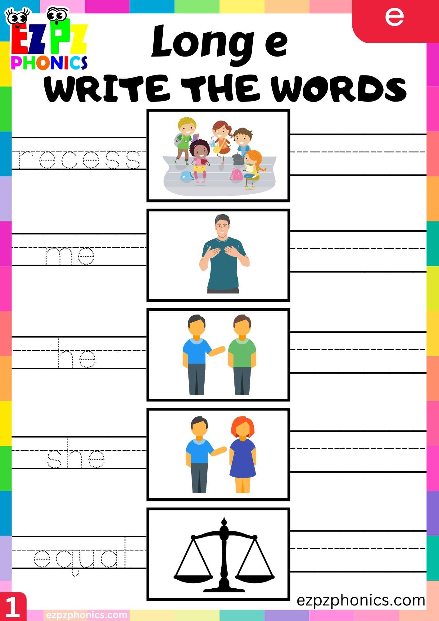 E Words Write The Words Long E Phonics Worksheet